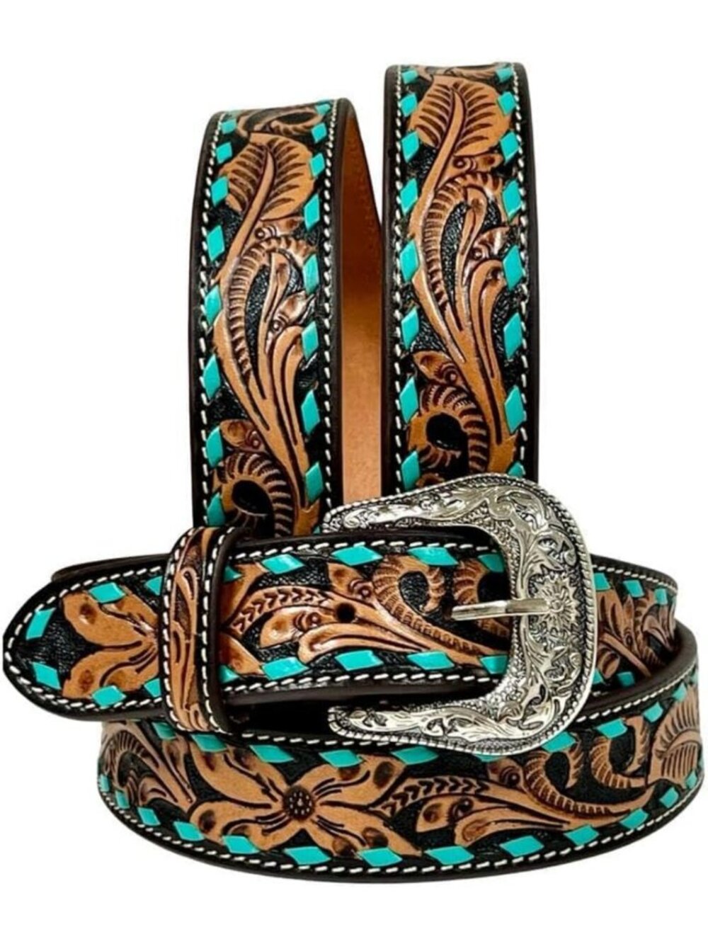 Stylish Western Genuine Leather Floral Belt with Turquoise Buckstitch - Unisex